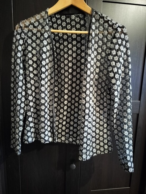 Sweaters - Whimsigoth Coquette Open Lace Cardigan Floral Daisy Black Metallic Details - S/M